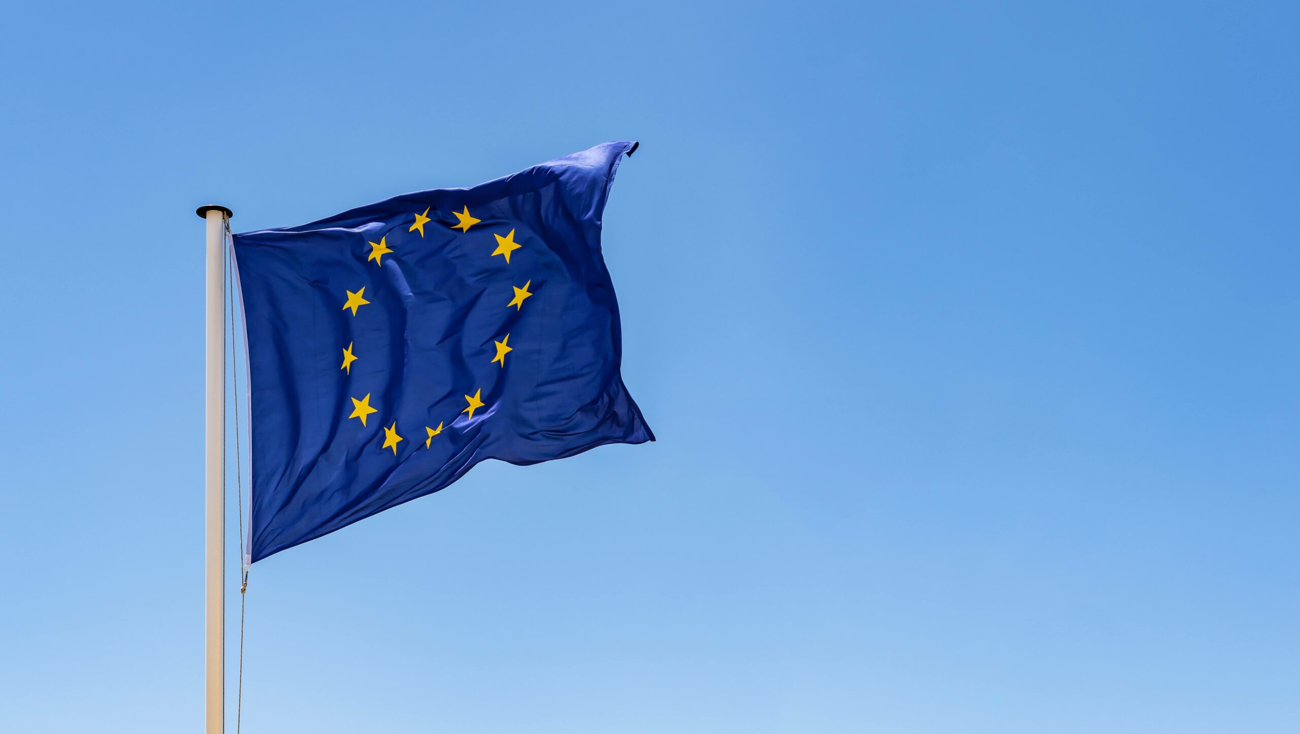 Die Flagge der Europäische Union weht im Wind vor einem klaren blauen Himmel.