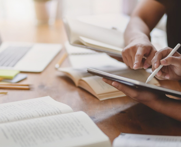 Personen die vor Bücher sitzen.